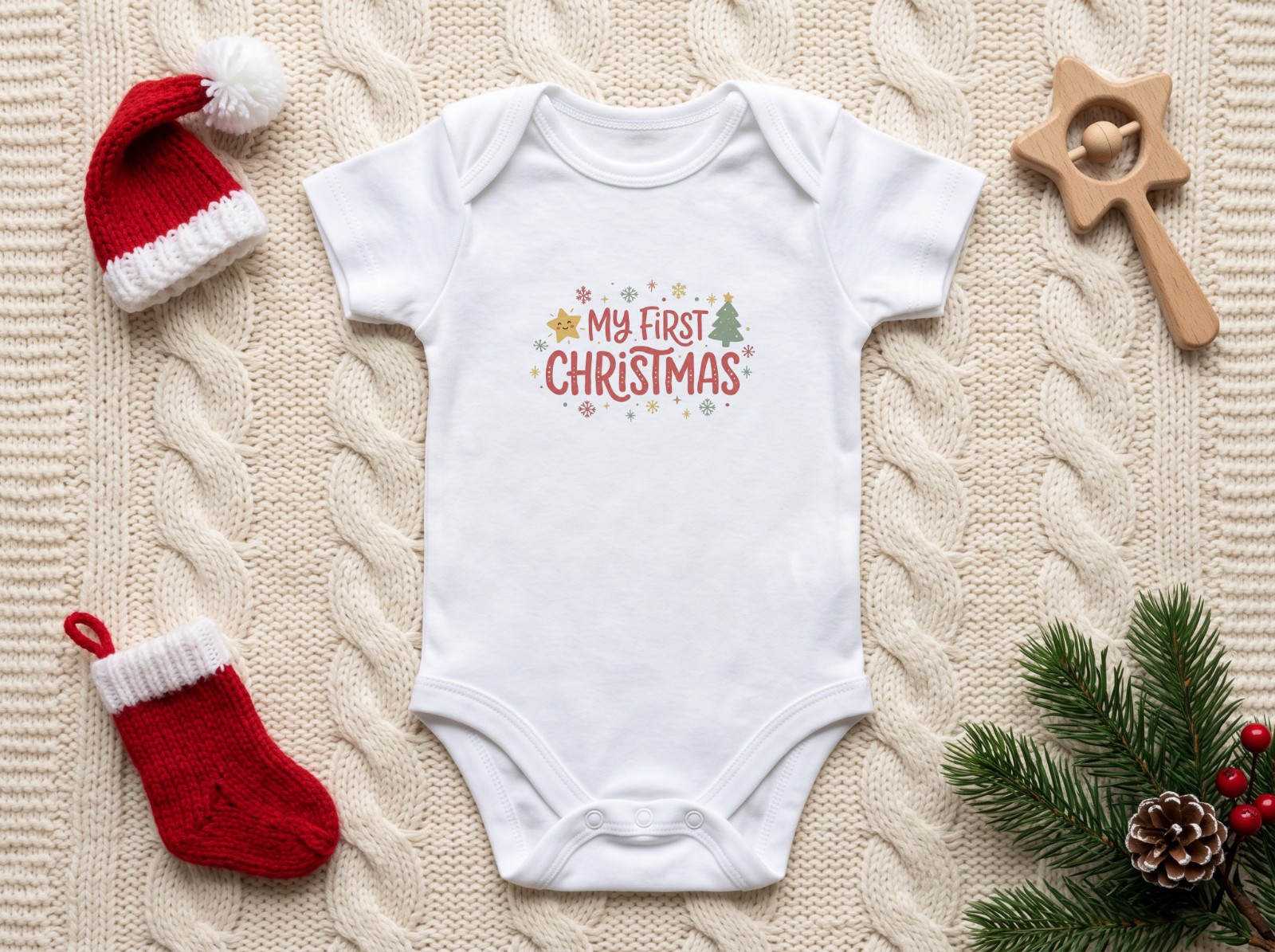 White Baby Onesie Christmas with a Knit Santa Hat and Stocking showing a My First Christmas design