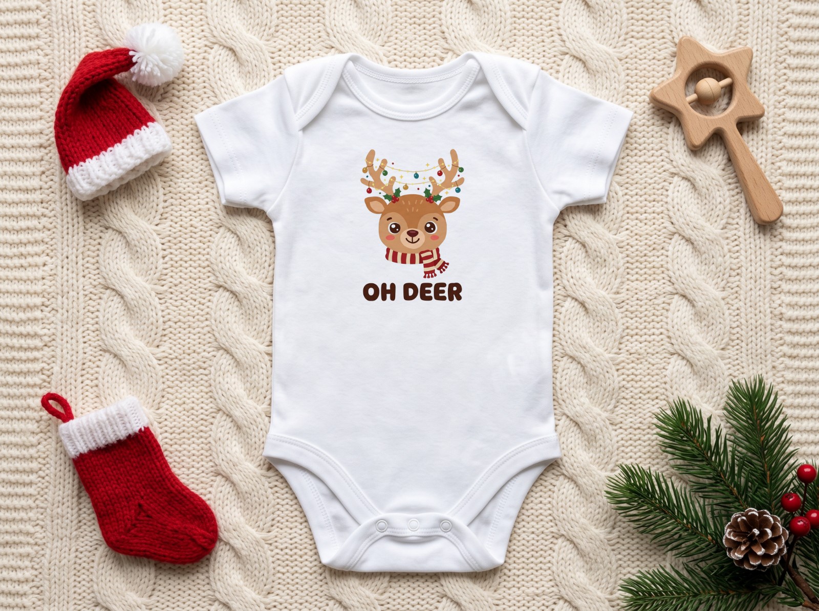White Baby Onesie Christmas with a Knit Santa Hat and Stocking showing a cute Oh Deer reindeer design