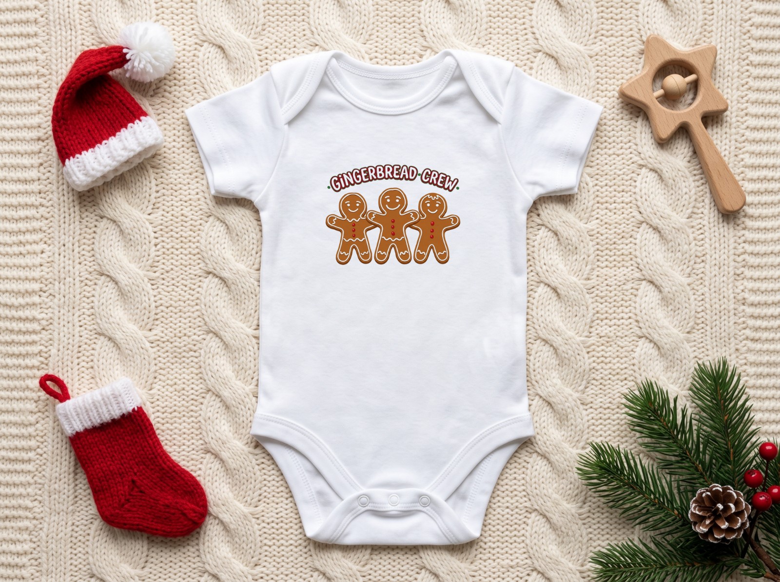 White Baby Onesie Christmas with a Knit Santa Hat and Stocking showing a Gingerbread Crew design