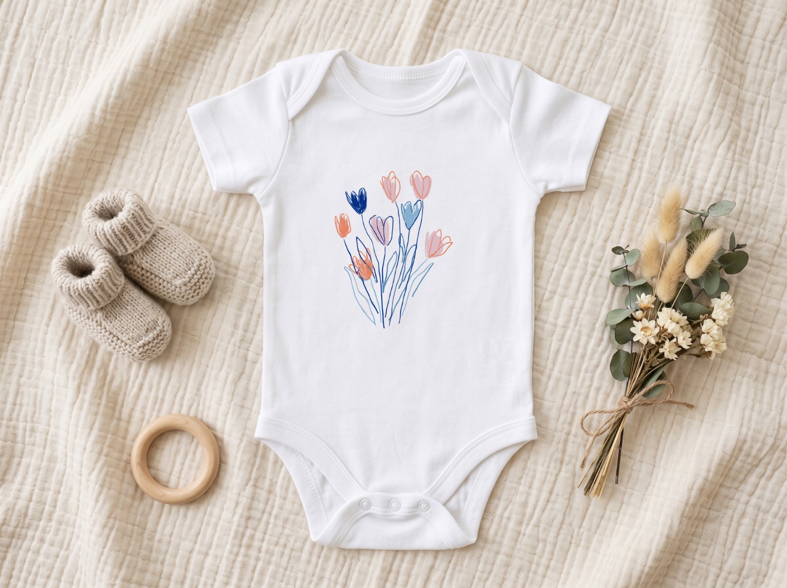 White Baby Onesie Flat Lay Mockup on a Muslin Blanket example