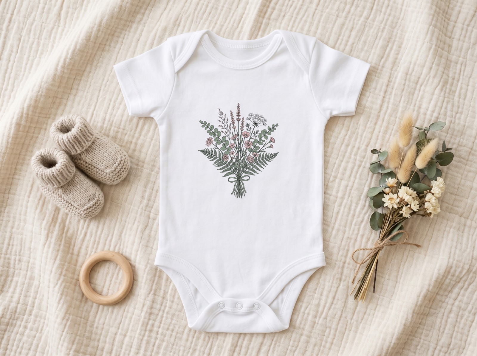 White Baby Onesie Flat Lay on a Muslin Blanket showing the botanical bouquet line art