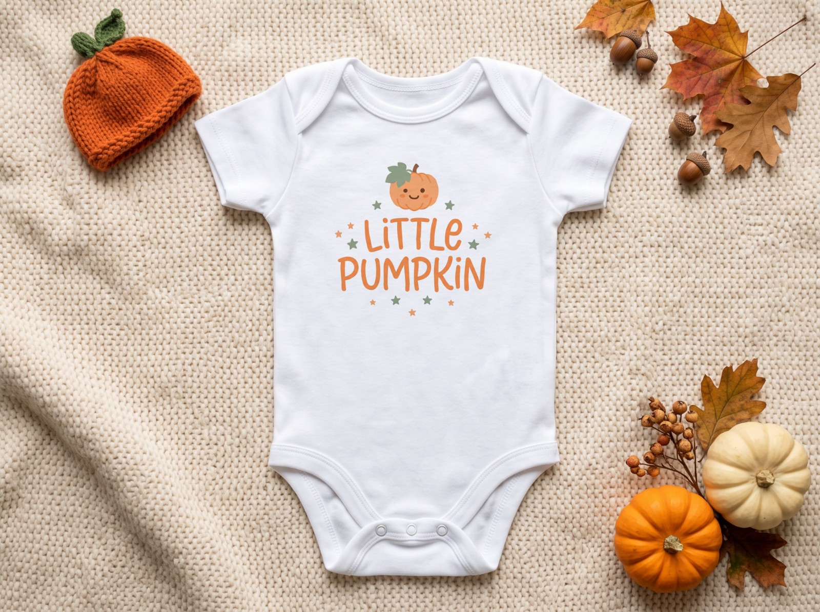 White Baby Onesie Halloween Mockup with a Knit Pumpkin Hat example