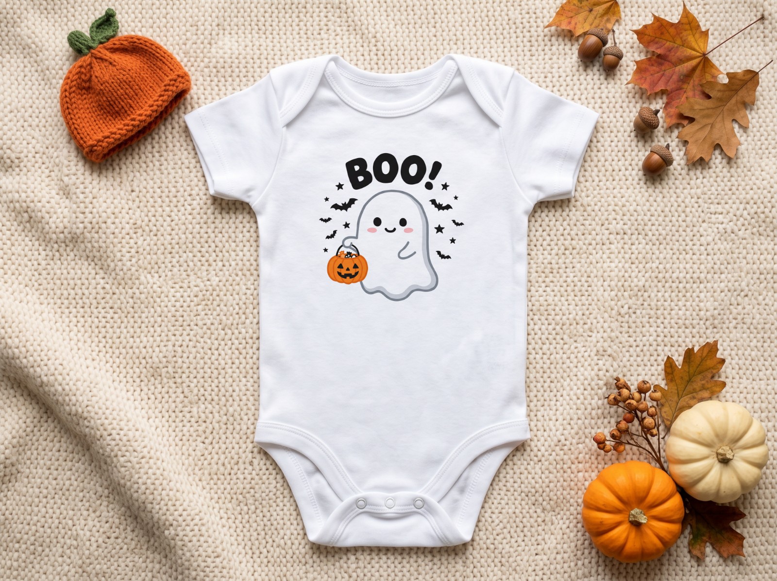 White Baby Onesie Halloween with a Knit Pumpkin Hat showing a cute Boo ghost design
