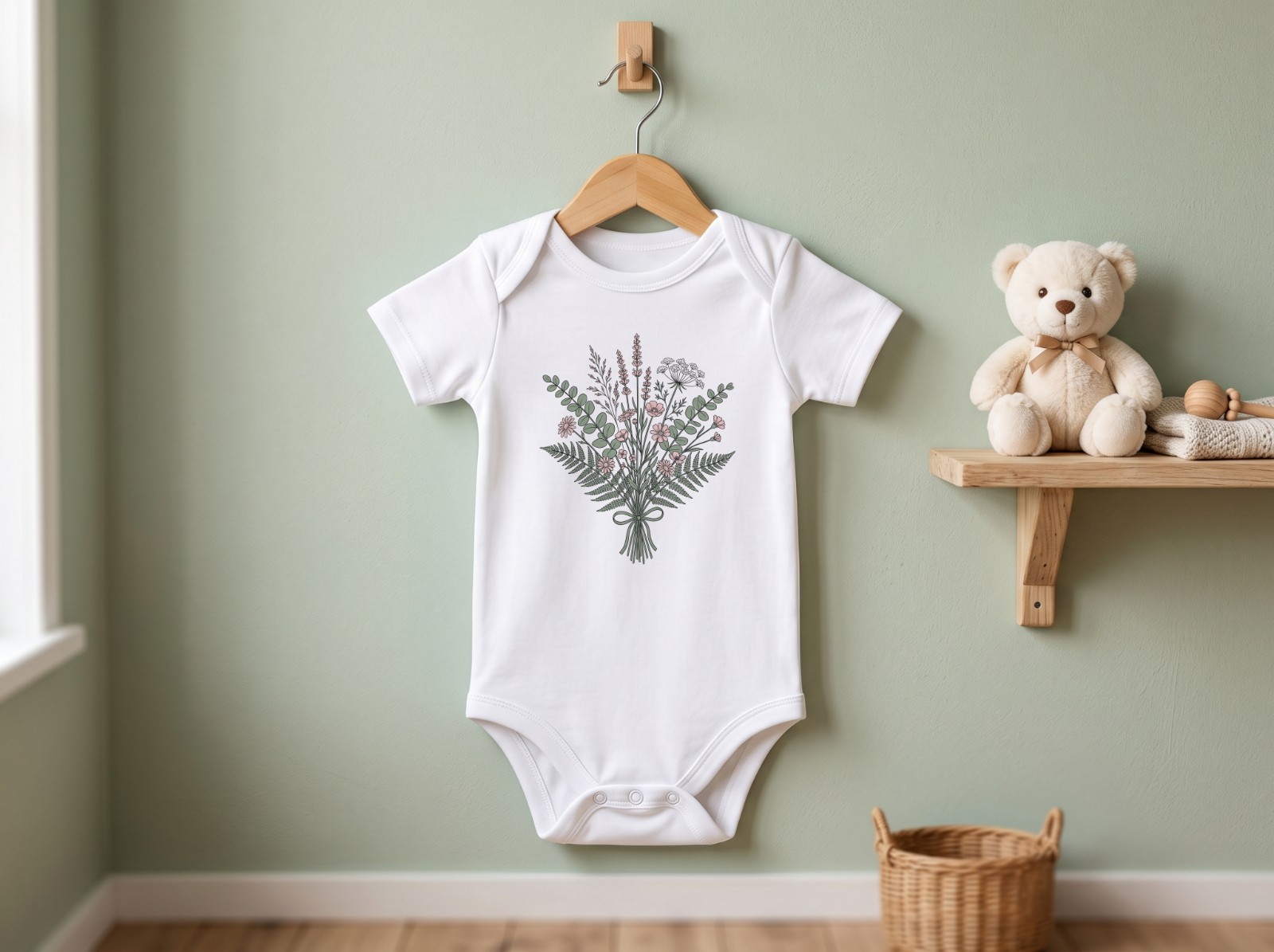 White Baby Onesie on a Wooden Hanger Mockup in a Sage Nursery example