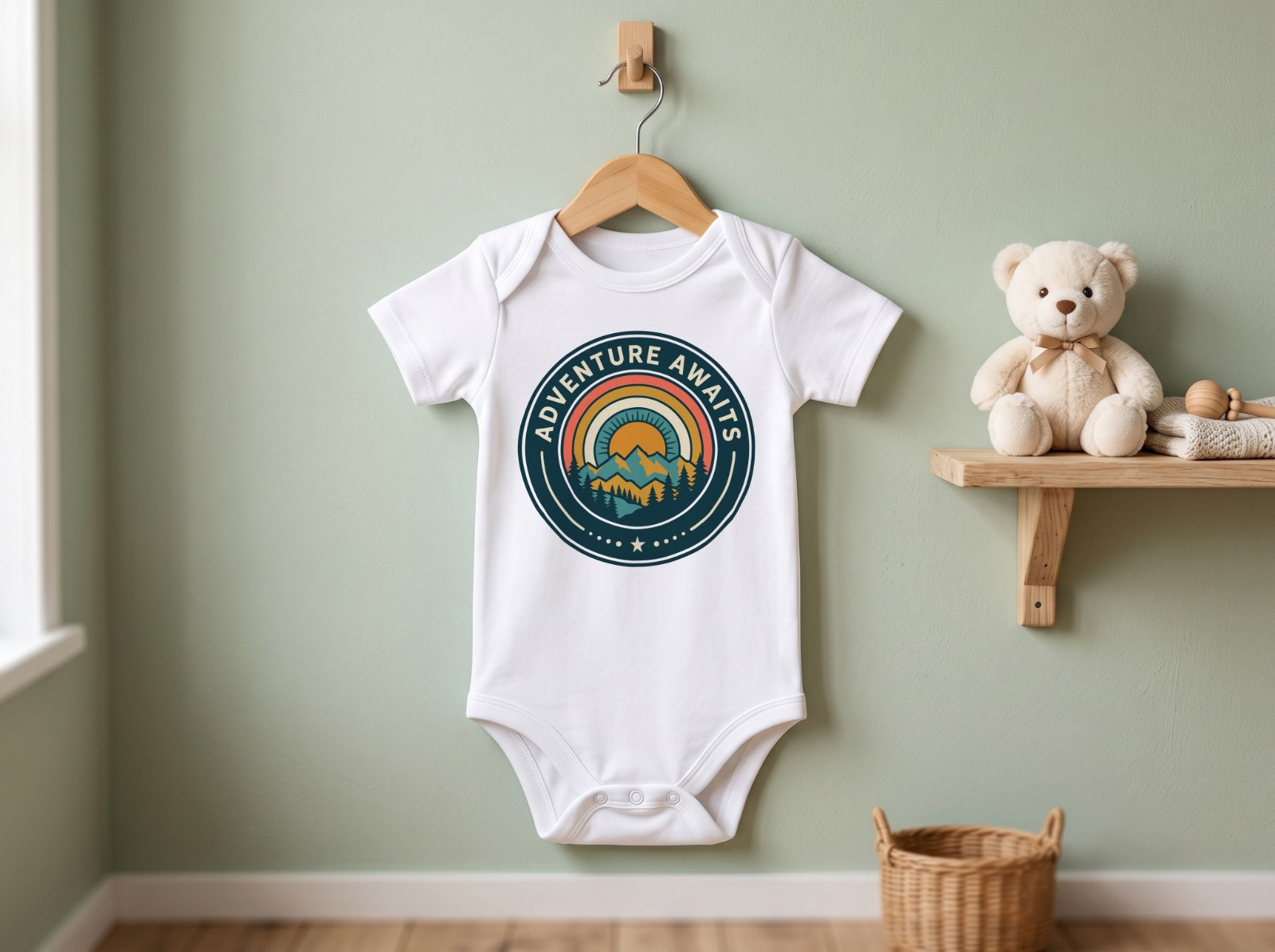 White Baby Onesie on a Wooden Hanger in a Sage Nursery showing the Adventure Awaits badge