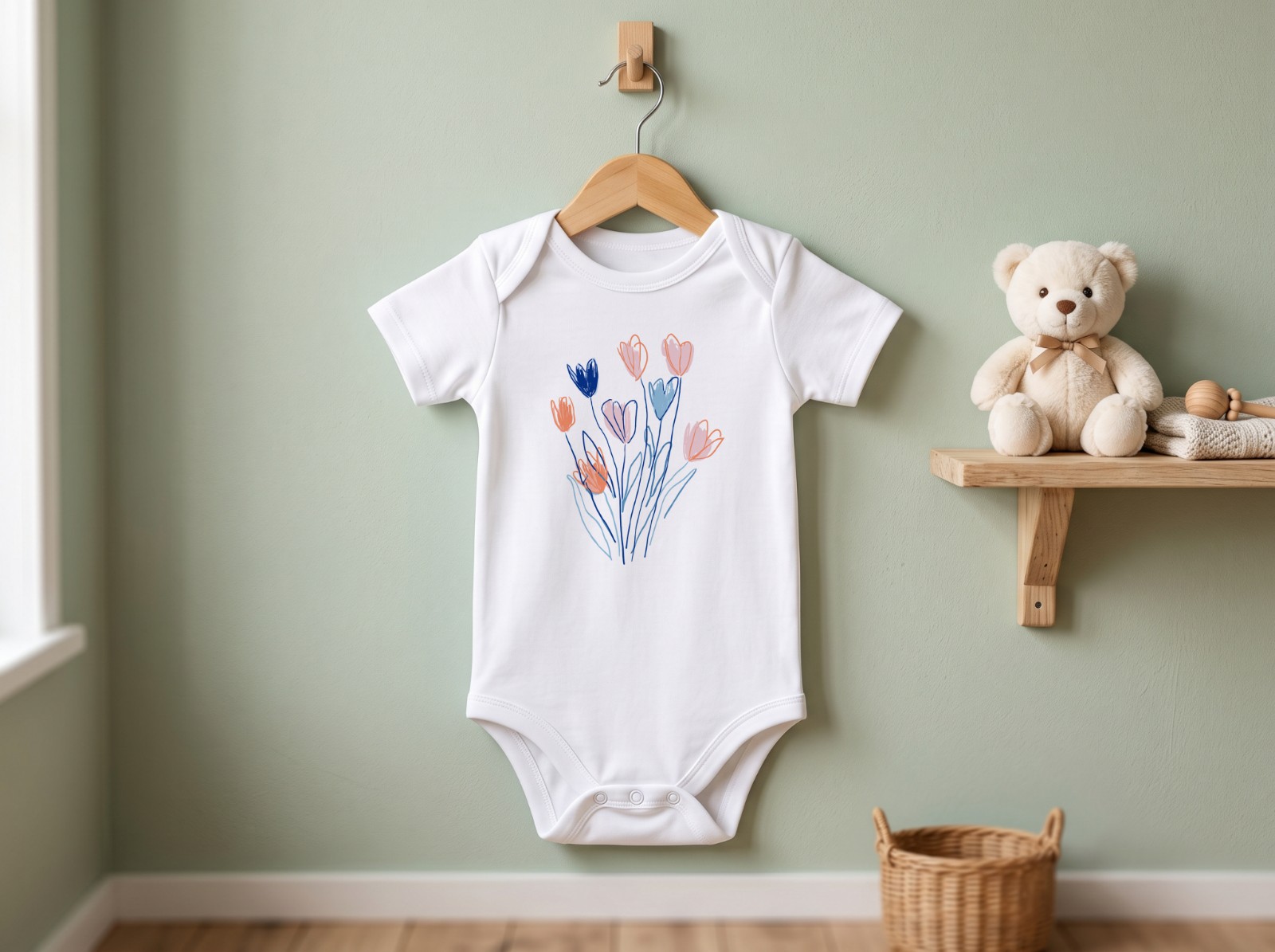 White Baby Onesie on a Wooden Hanger in a Sage Nursery showing the hand-drawn Flowers artwork