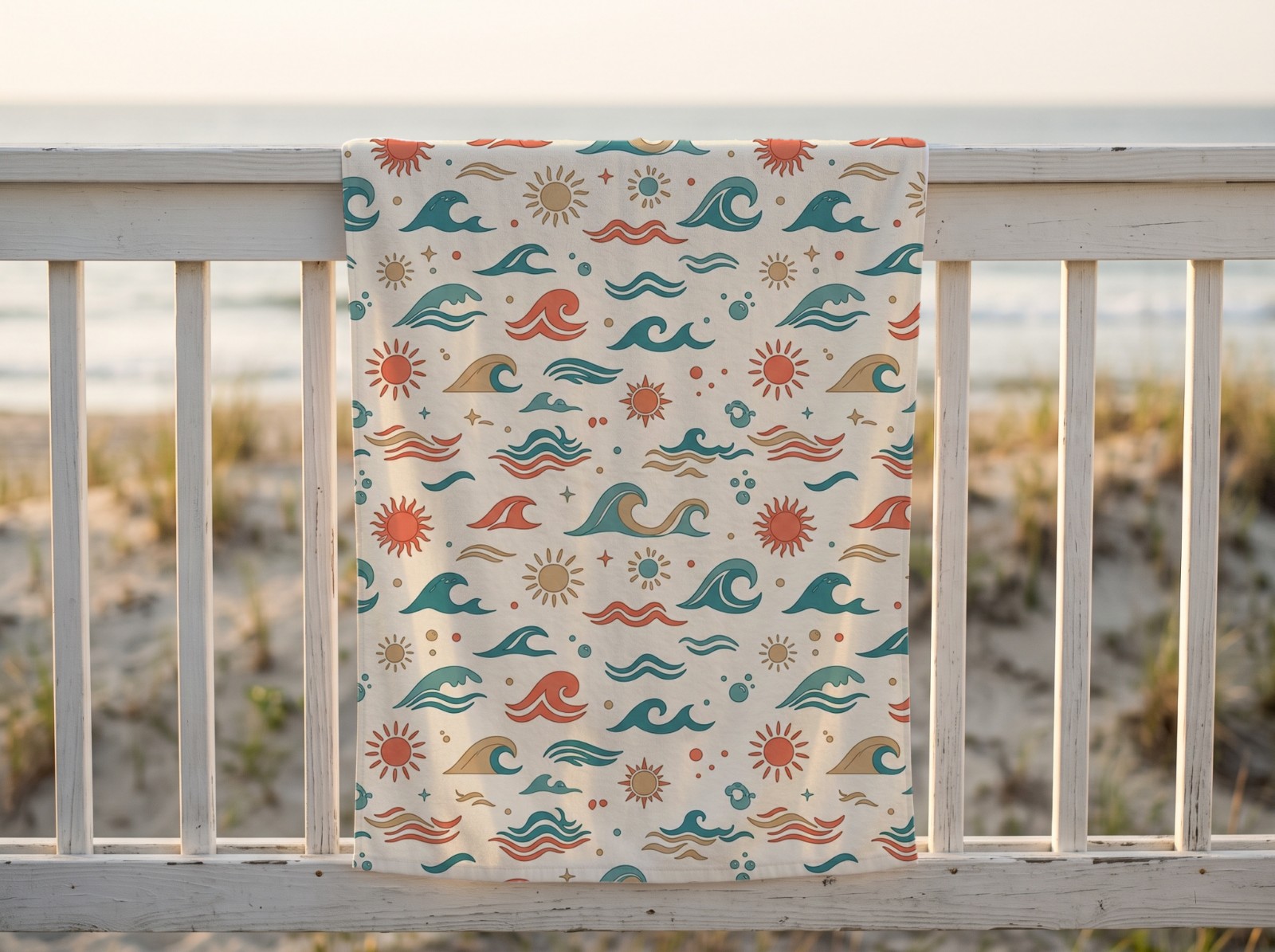 White Beach Towel on a Beach House Railing showing a retro waves pattern
