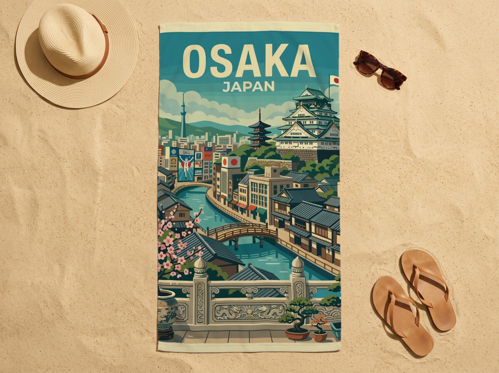 White Beach Towel Mockup on Sand with a Straw Hat example