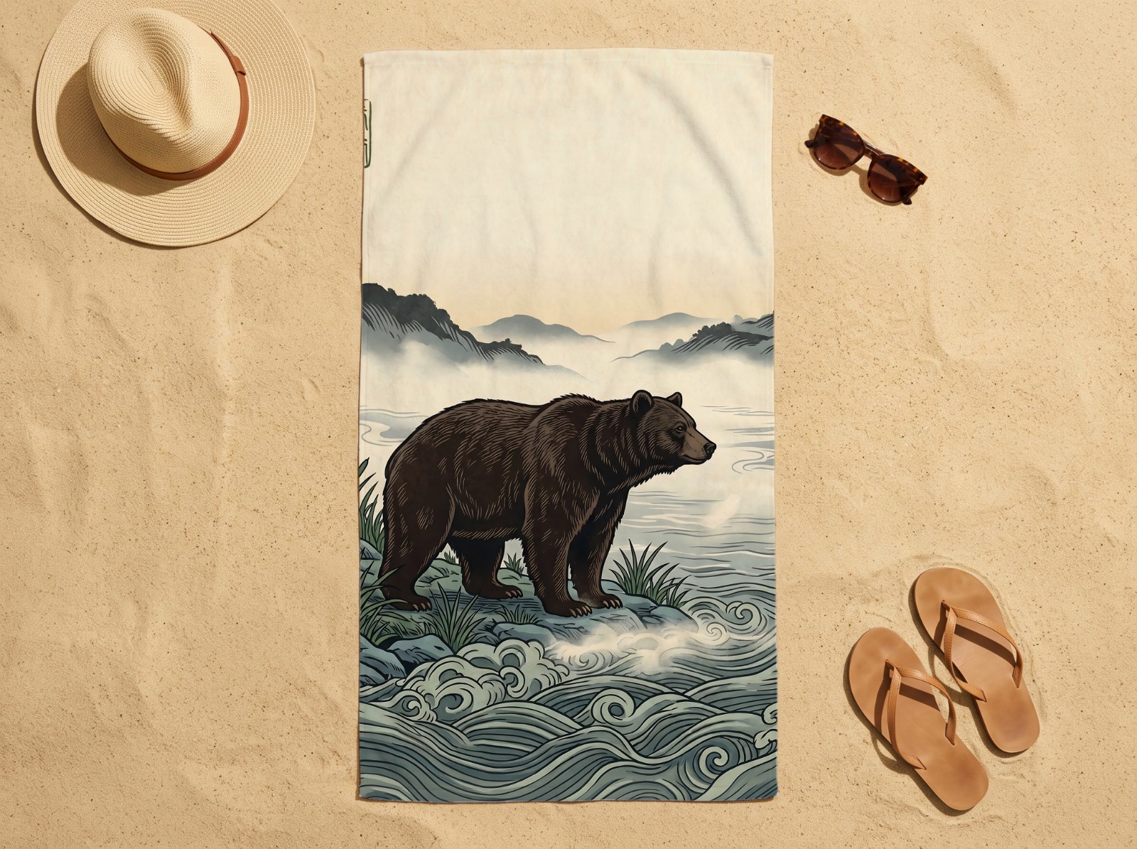 White Beach Towel on Sand with a Straw Hat showing the Bear River Mist art print