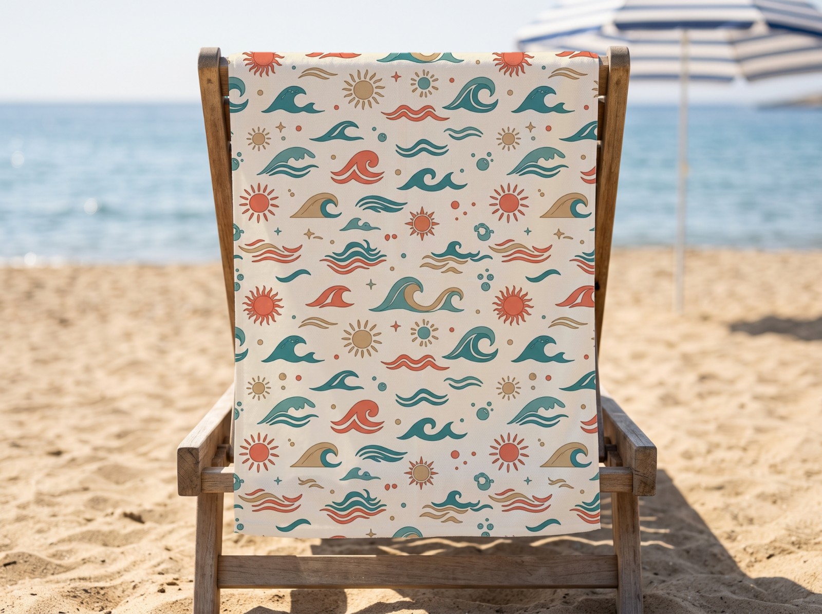 White Beach Towel Mockup on a Wooden Beach Chair example