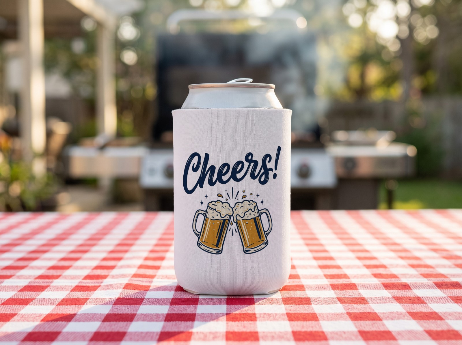 White Can Cooler at a Backyard BBQ showing a Cheers lettering design