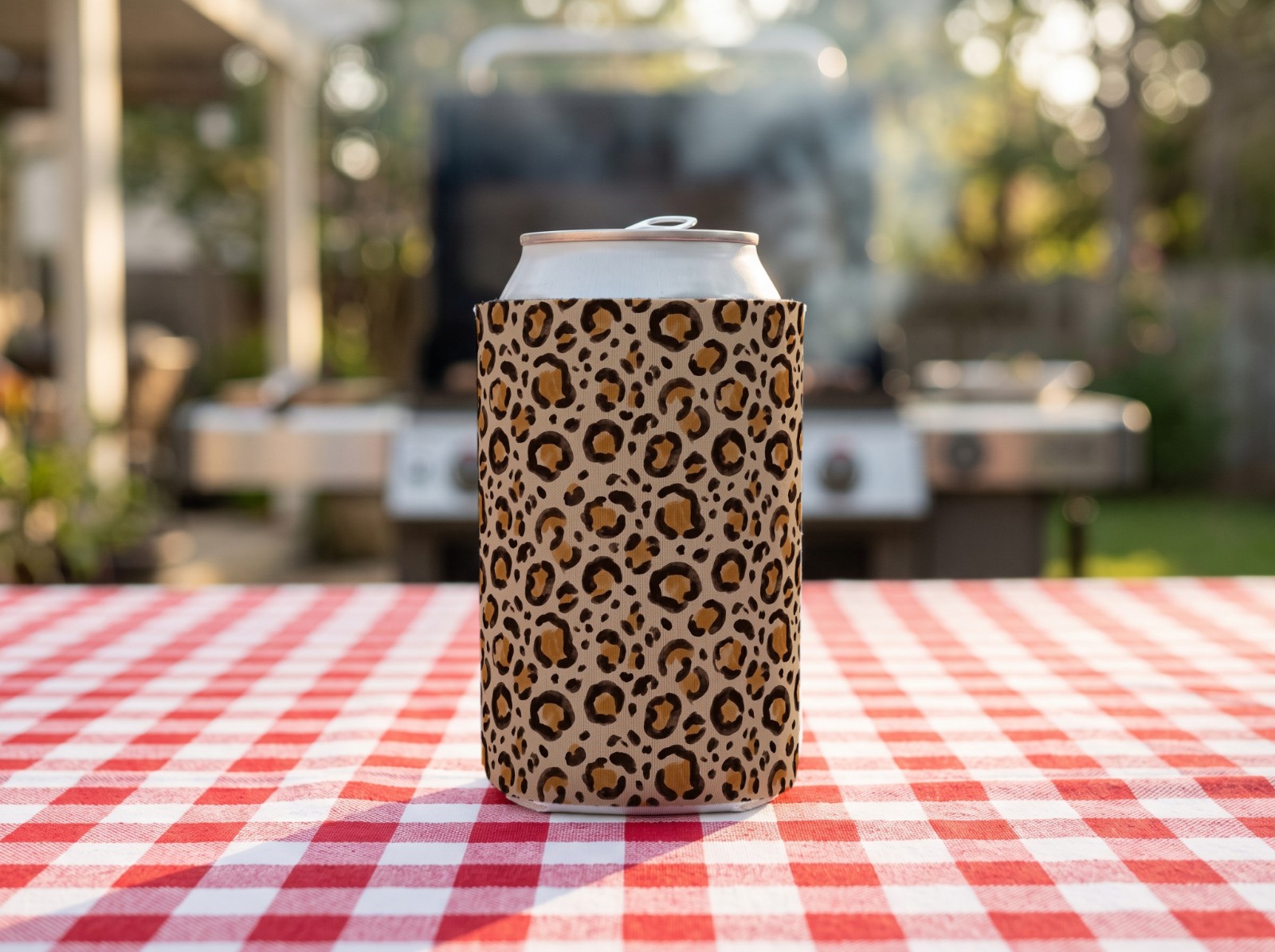 White Can Cooler at a Backyard BBQ showing a neutral leopard print