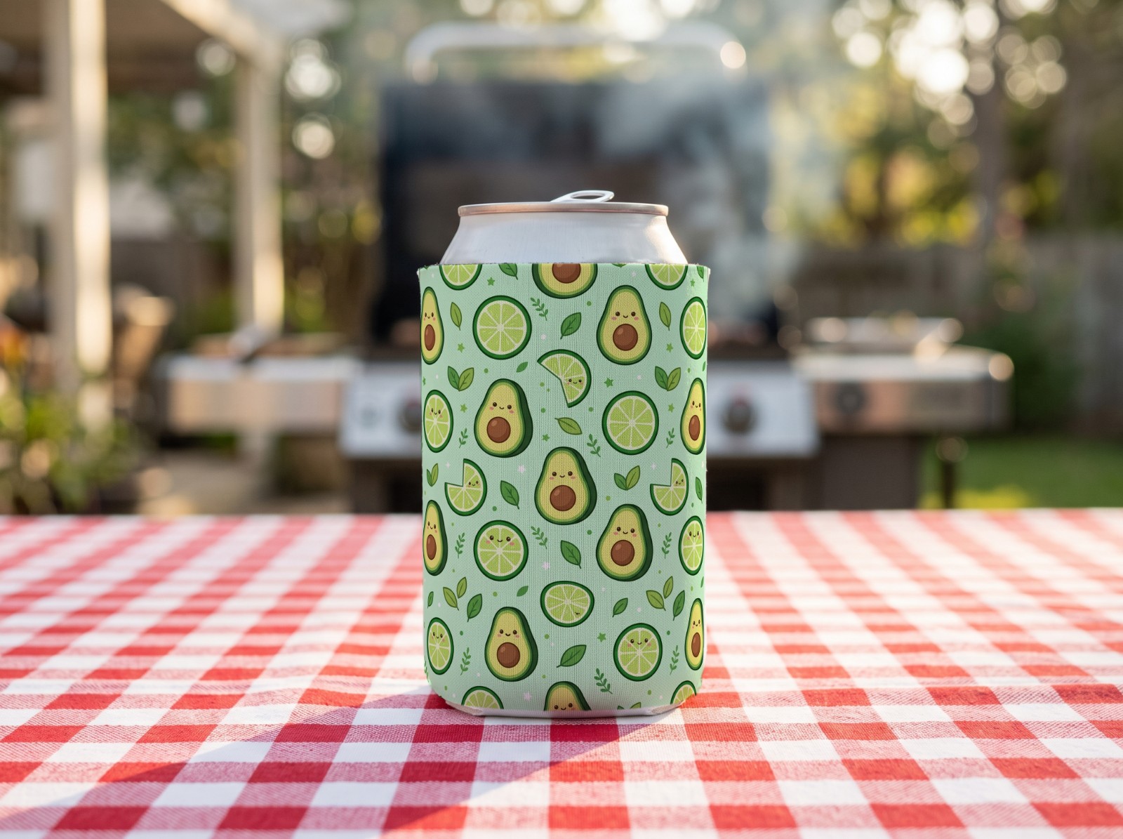 White Can Cooler at a Backyard BBQ showing a cute avocado pattern