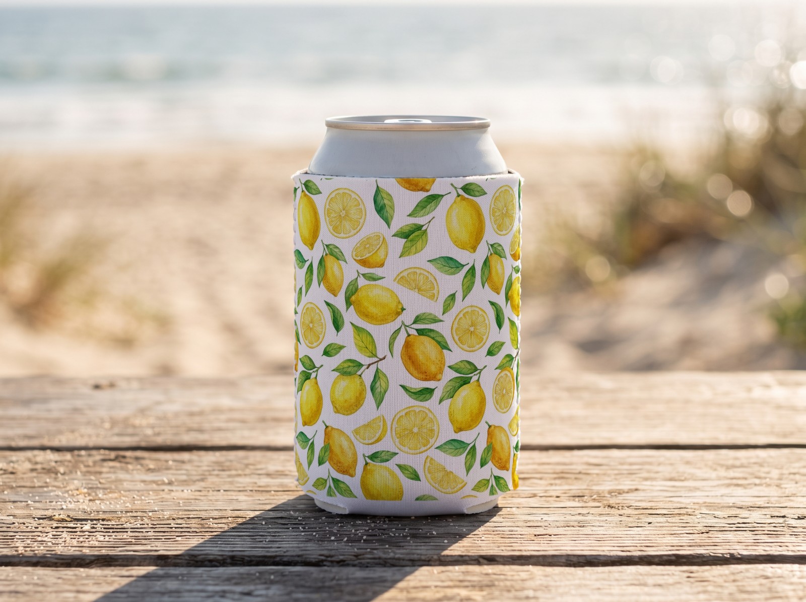 White Can Cooler Mockup on a Beach Table example