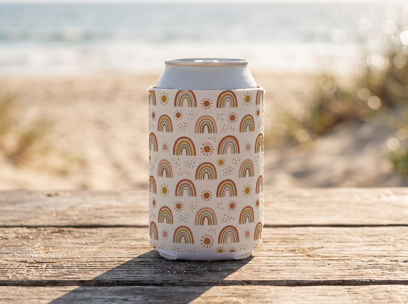 White Can Cooler on a Beach Table showing a boho rainbow pattern