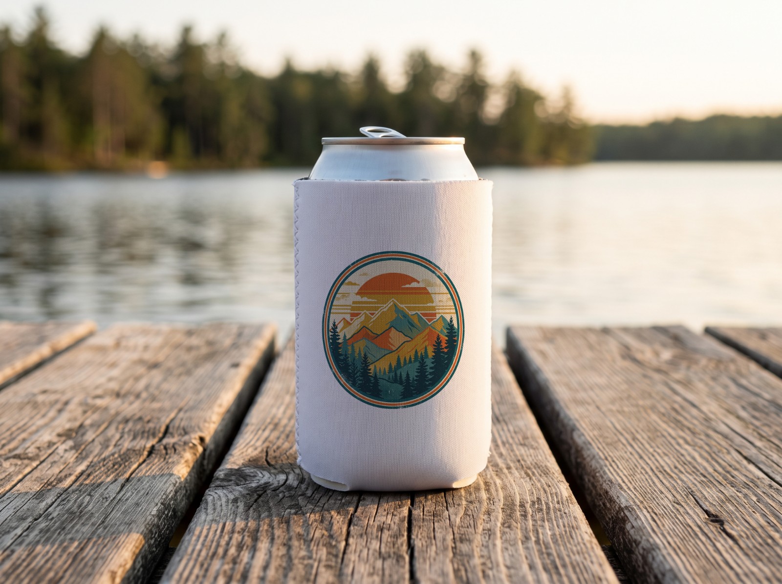 White Can Cooler on a Lake Dock showing a retro mountain sunset badge
