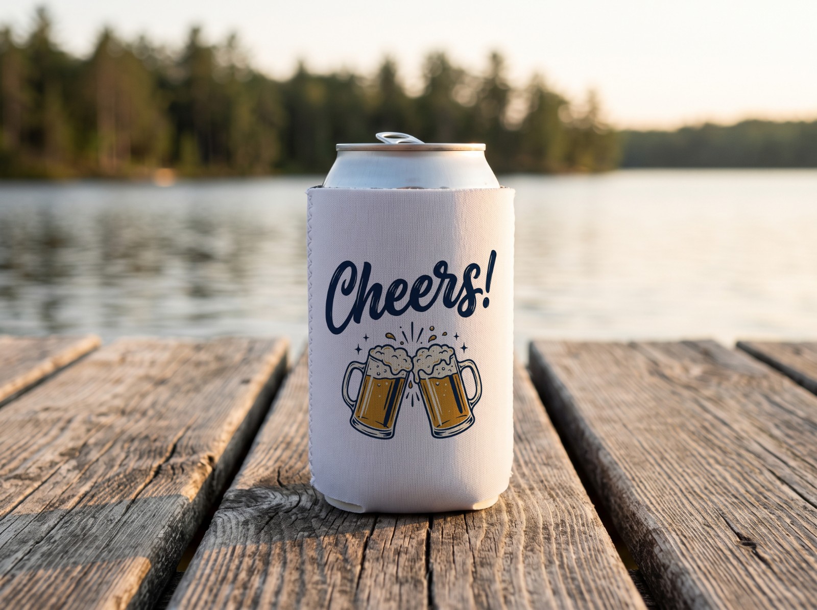 White Can Cooler on a Lake Dock showing a Cheers lettering design