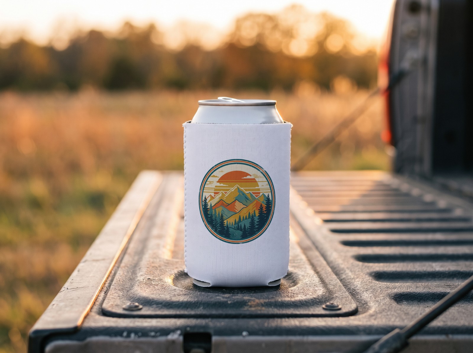 White Can Cooler Mockup on a Truck Tailgate at Sunset example
