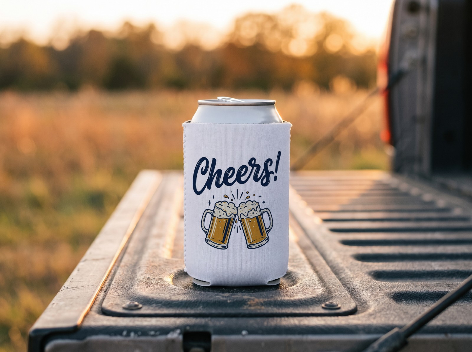 White Can Cooler on a Truck Tailgate at Sunset showing a Cheers lettering design