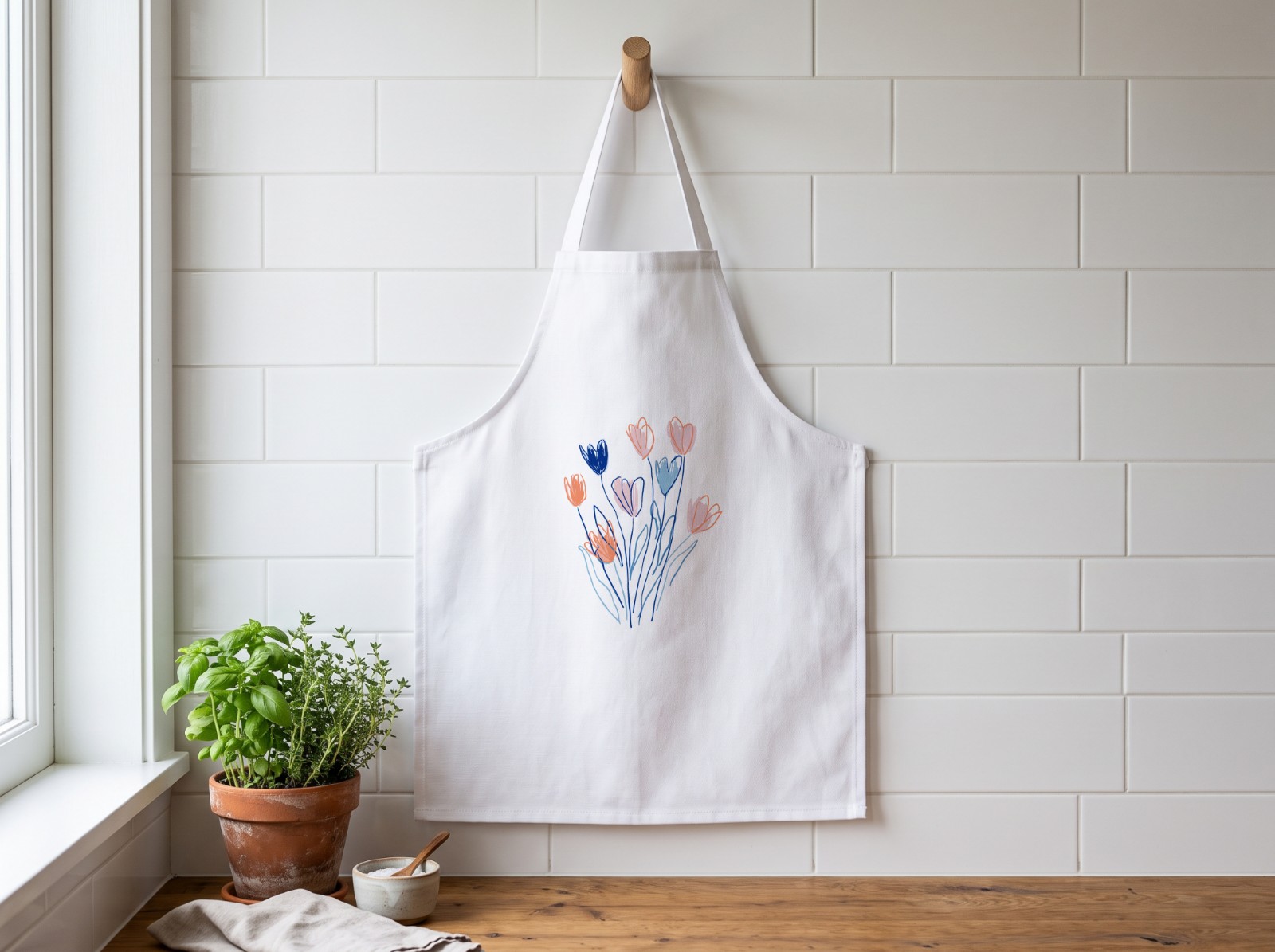 White Canvas Apron Hanging in a Kitchen showing the hand-drawn Flowers artwork