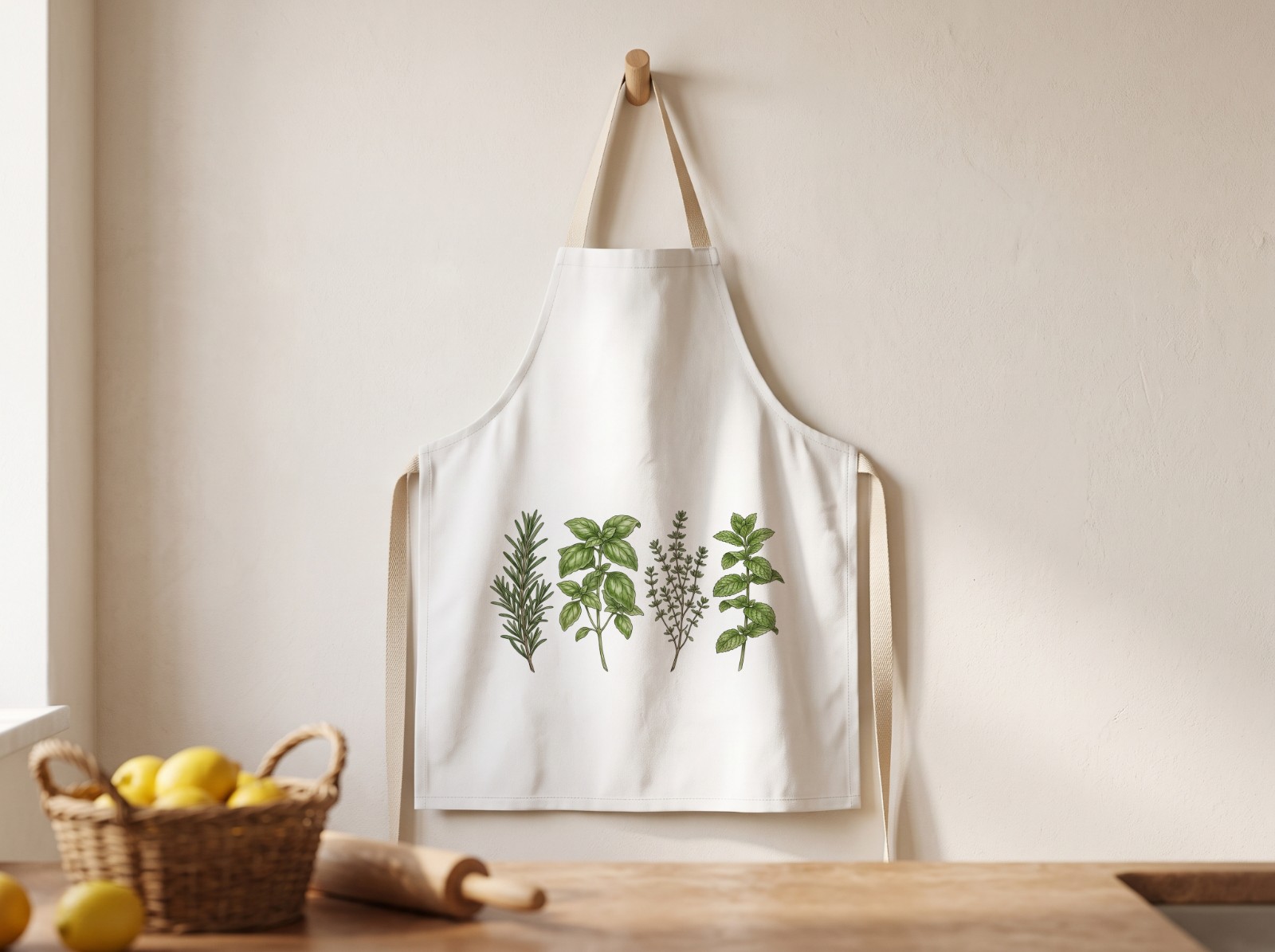 White Canvas Apron Mockup on a Wooden Peg with Lemons example