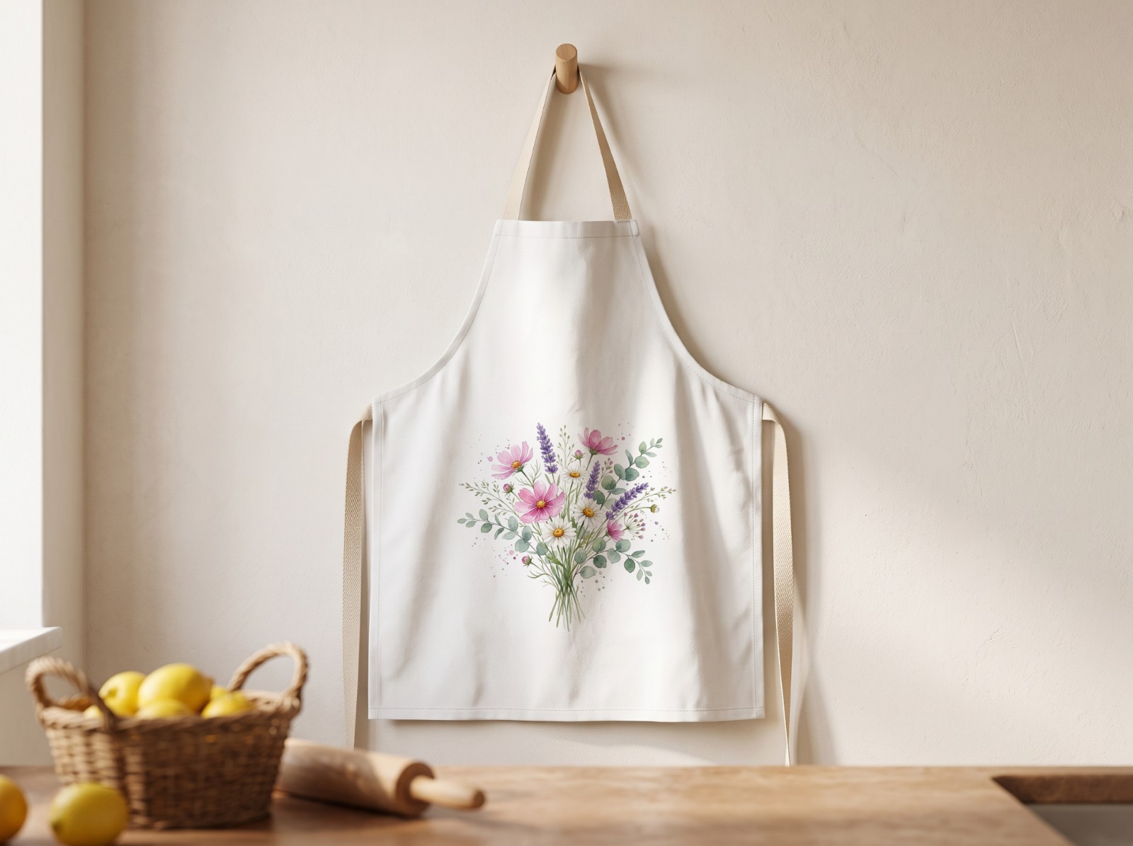 White Canvas Apron on a Wooden Peg with Lemons showing a watercolour wildflower bouquet