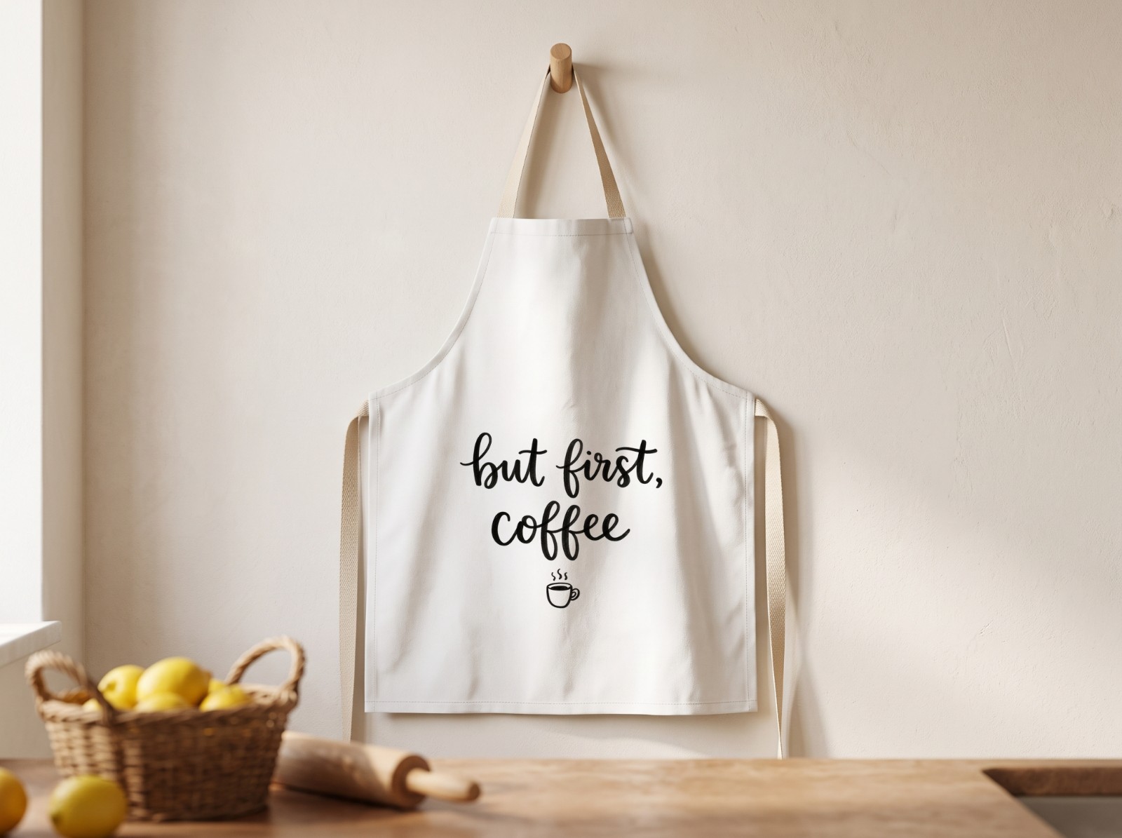 White Canvas Apron on a Wooden Peg with Lemons showing a But First Coffee lettering design
