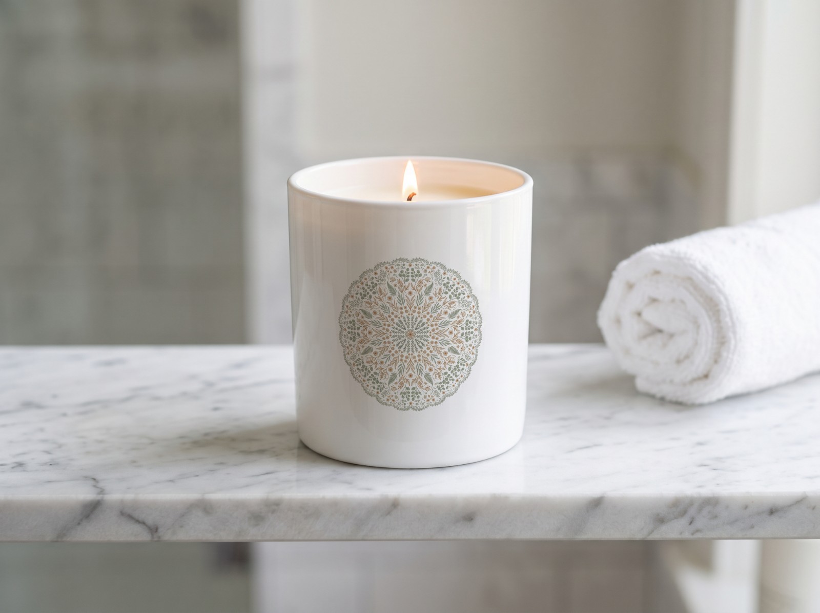 White Ceramic Candle on a Marble Bathroom Shelf showing a botanical mandala