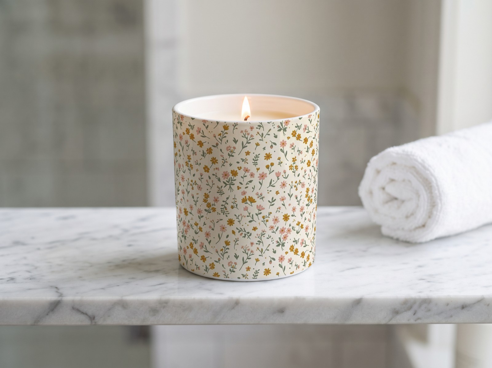 White Ceramic Candle on a Marble Bathroom Shelf showing a ditsy wildflower pattern