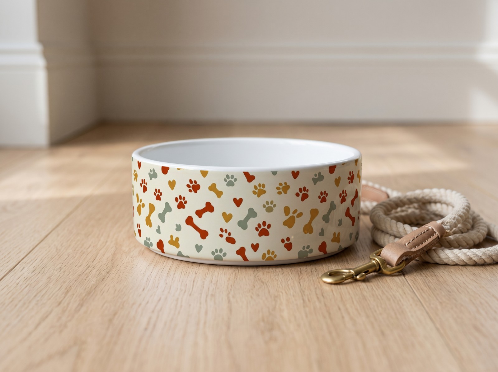 White Ceramic Pet Bowl on an Oak Floor showing a paw print pattern