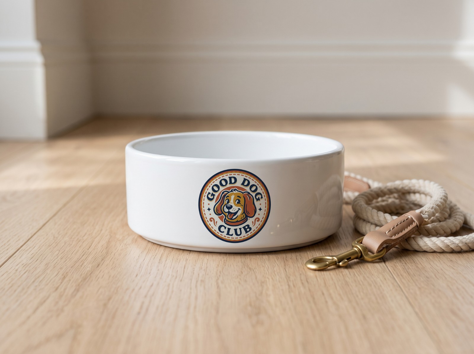 White Ceramic Pet Bowl on an Oak Floor showing a Good Dog Club badge