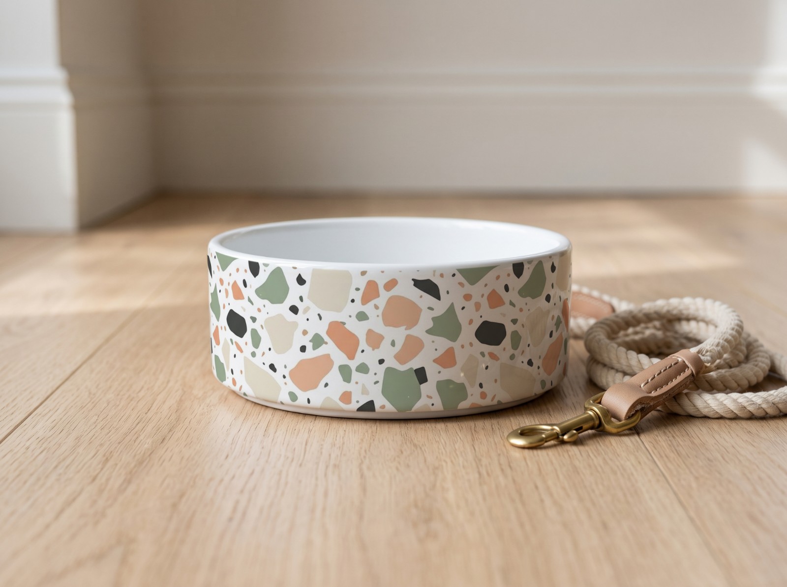 White Ceramic Pet Bowl on an Oak Floor showing a pastel terrazzo pattern