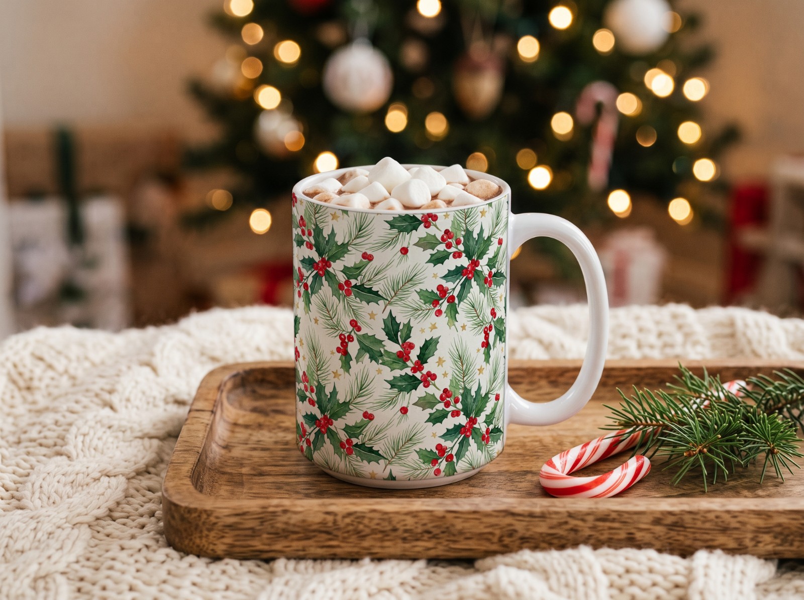 White Christmas Mug Mockup with Hot Cocoa and Marshmallows by the Tree example