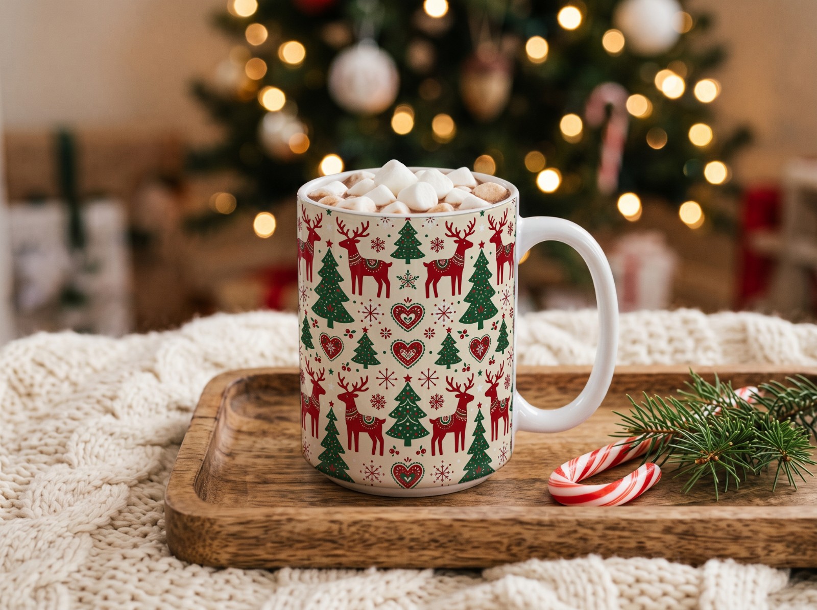 White Christmas Mug with Hot Cocoa and Marshmallows by the Tree showing a Nordic reindeer and pine pattern
