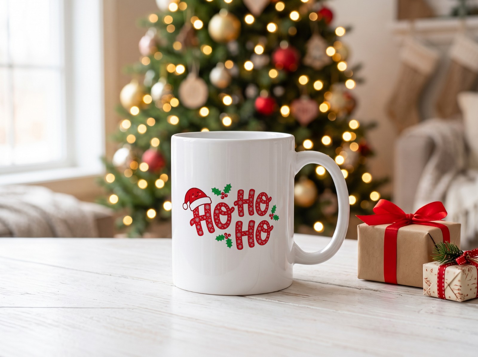 White Christmas Mug Mockup on a Coffee Table with a Tree and Gifts example