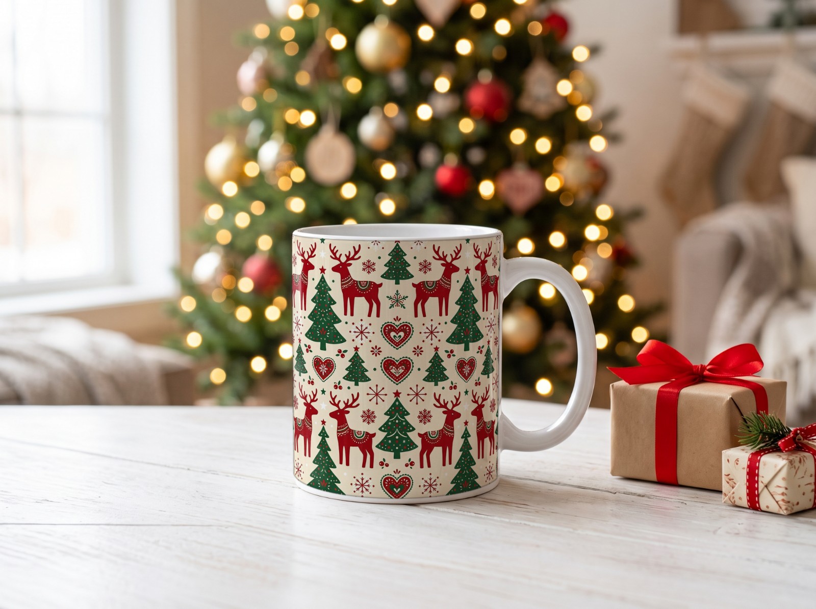White Christmas Mug on a Coffee Table with a Tree and Gifts showing a Nordic reindeer and pine pattern