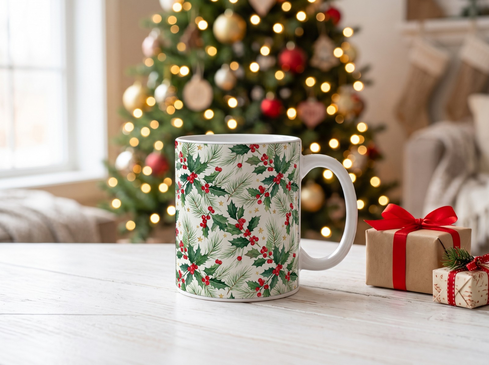 White Christmas Mug on a Coffee Table with a Tree and Gifts showing a watercolour holly and pine pattern