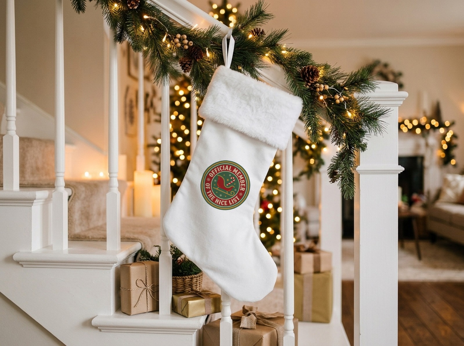 White Christmas Stocking with a Faux Fur Cuff on a Staircase Garland showing a Nice List badge design