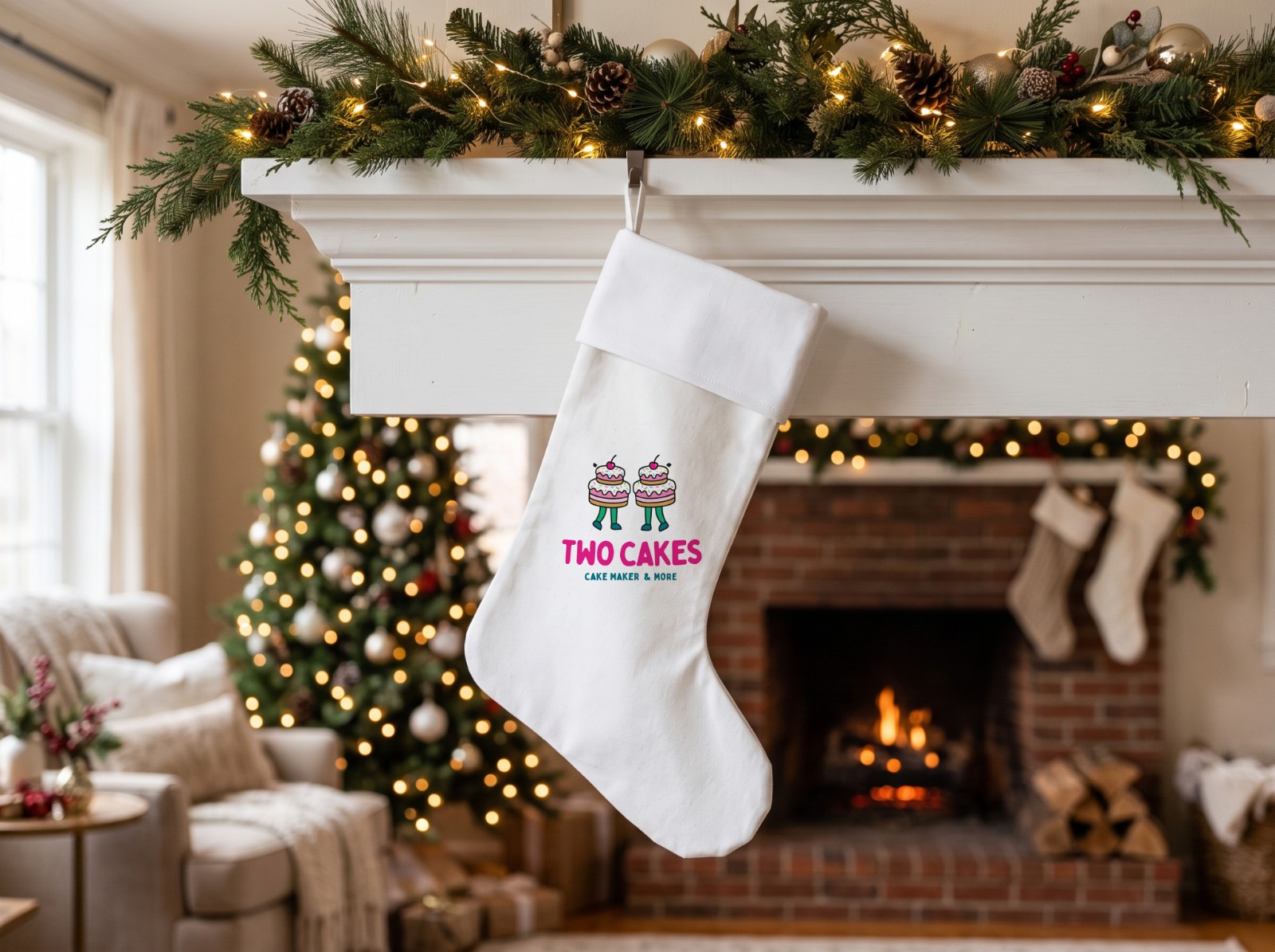 White Christmas Stocking Hanging on a Fireplace Mantel showing the Two Cakes logo