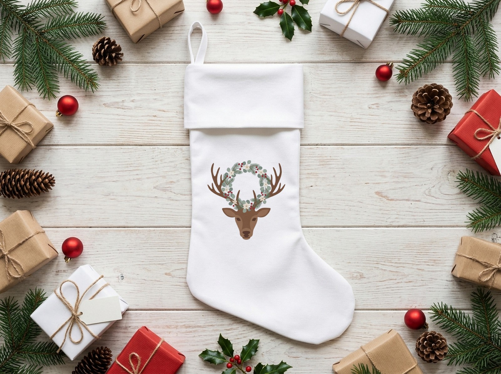 White Christmas Stocking Mockup Flat Lay on Whitewashed Wood with Gifts example
