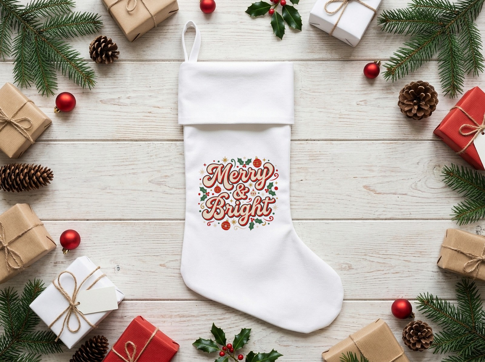 White Christmas Stocking Flat Lay on Whitewashed Wood with Gifts showing a retro Merry & Bright design