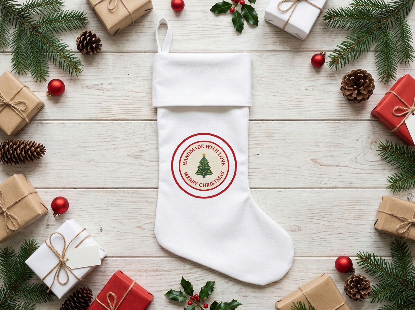 White Christmas Stocking Flat Lay on Whitewashed Wood with Gifts showing a Handmade with Love Christmas badge