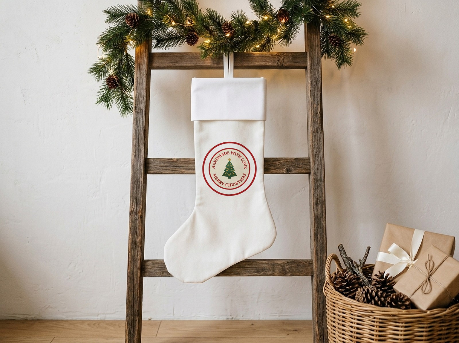 White Christmas Stocking on a Rustic Blanket Ladder with Garland showing a Handmade with Love Christmas badge