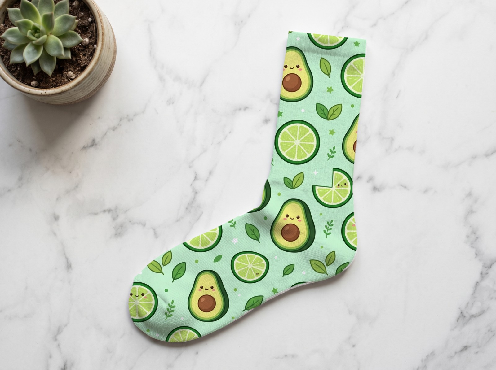 White Crew Sock Flat Lay on Marble showing a cute avocado pattern