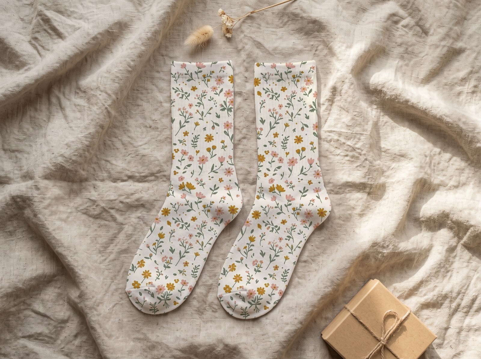 White Crew Socks Pair Mockup Flat Lay on Linen example
