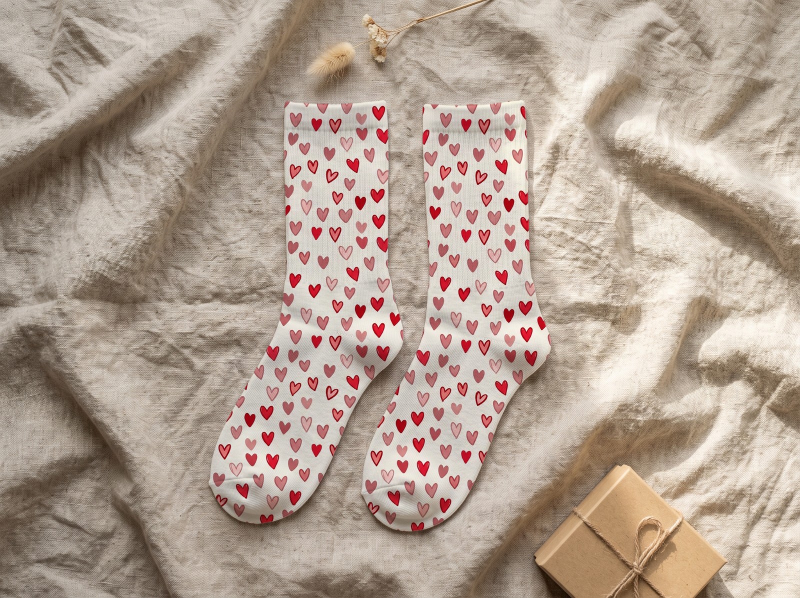 White Crew Socks Pair Flat Lay on Linen showing a Valentine hearts pattern