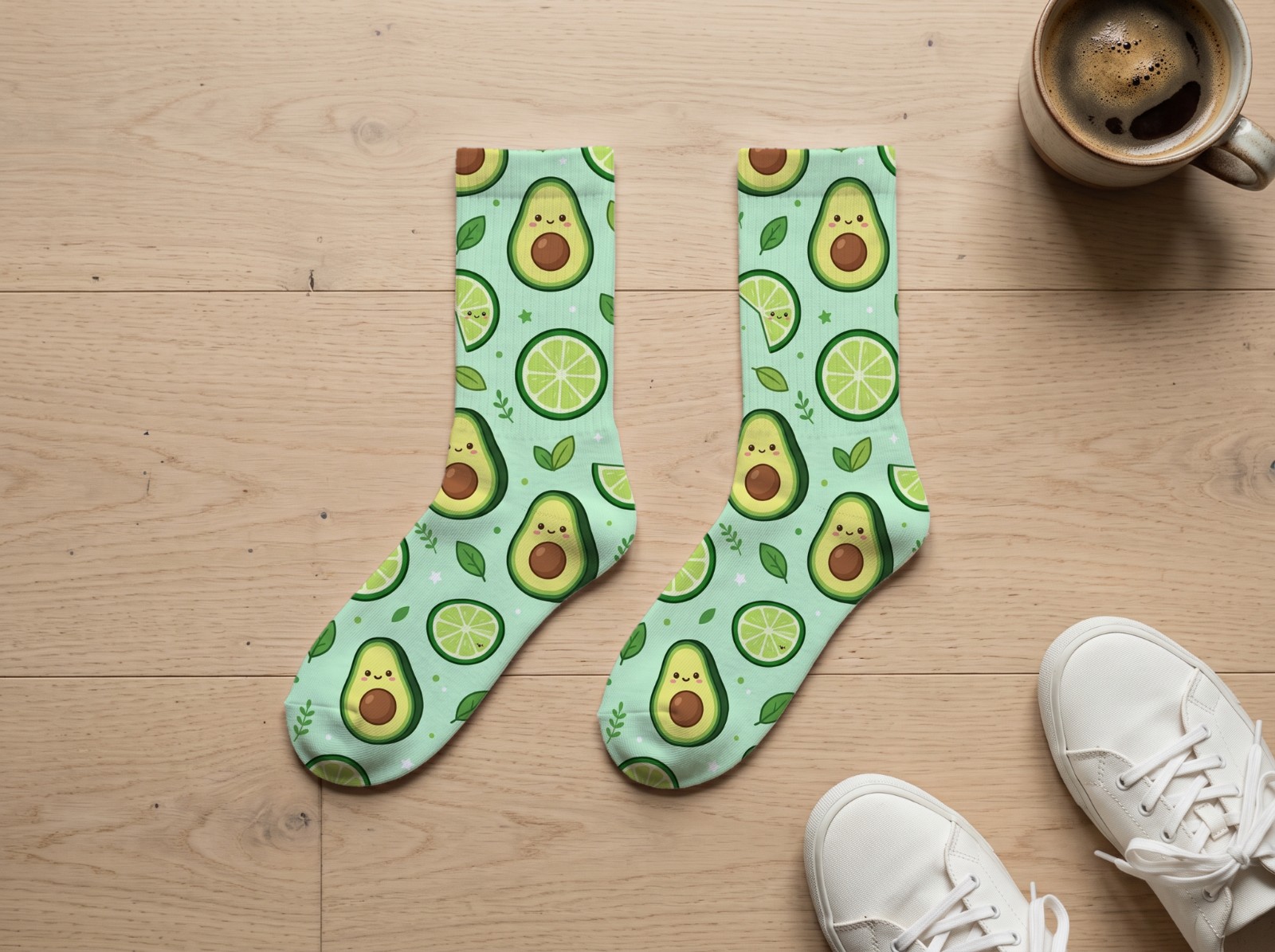 White Crew Socks Pair Mockup Flat Lay on a Wood Floor example