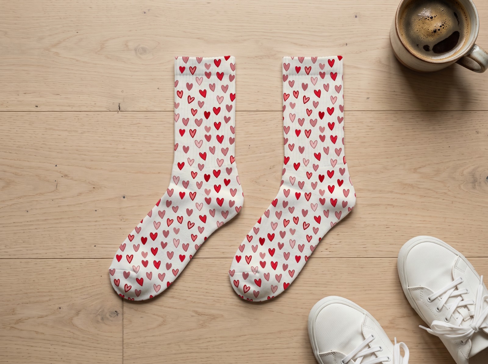 White Crew Socks Pair Flat Lay on a Wood Floor showing a Valentine hearts pattern