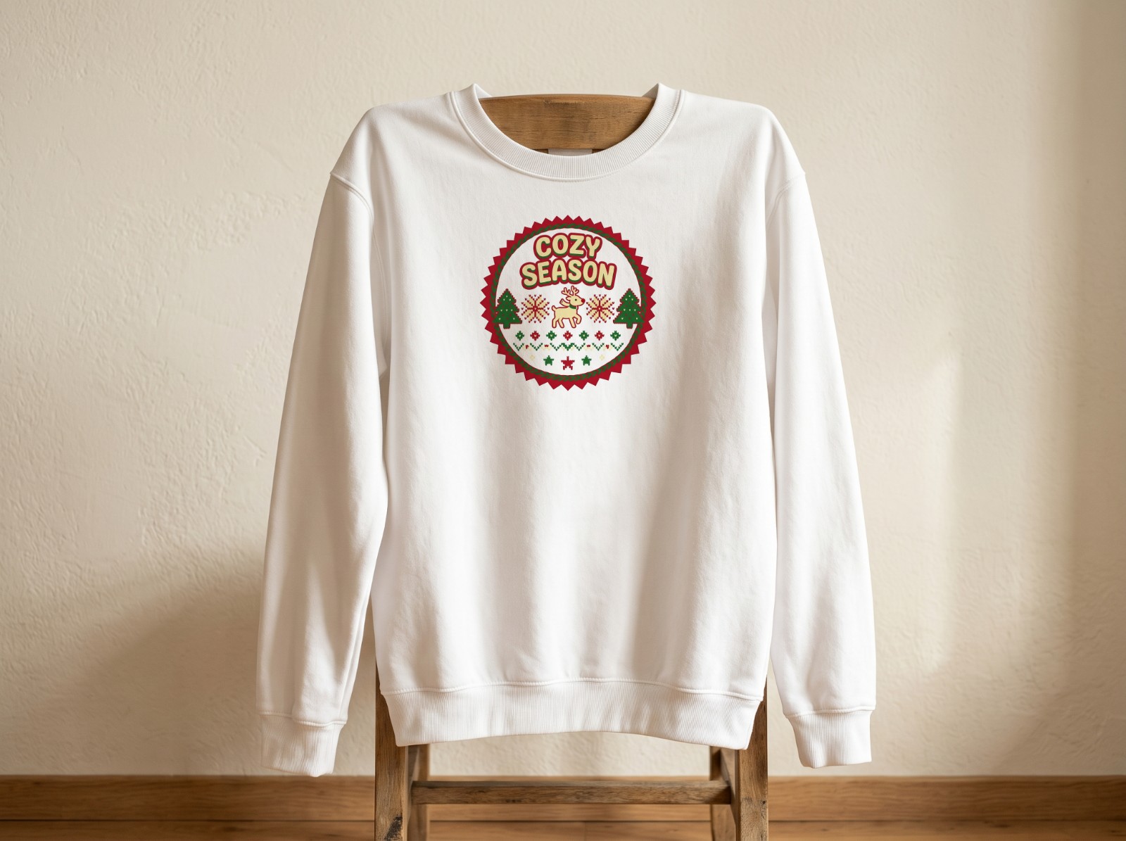 White Sweatshirt Mockup Hanging on a Wooden Chair example