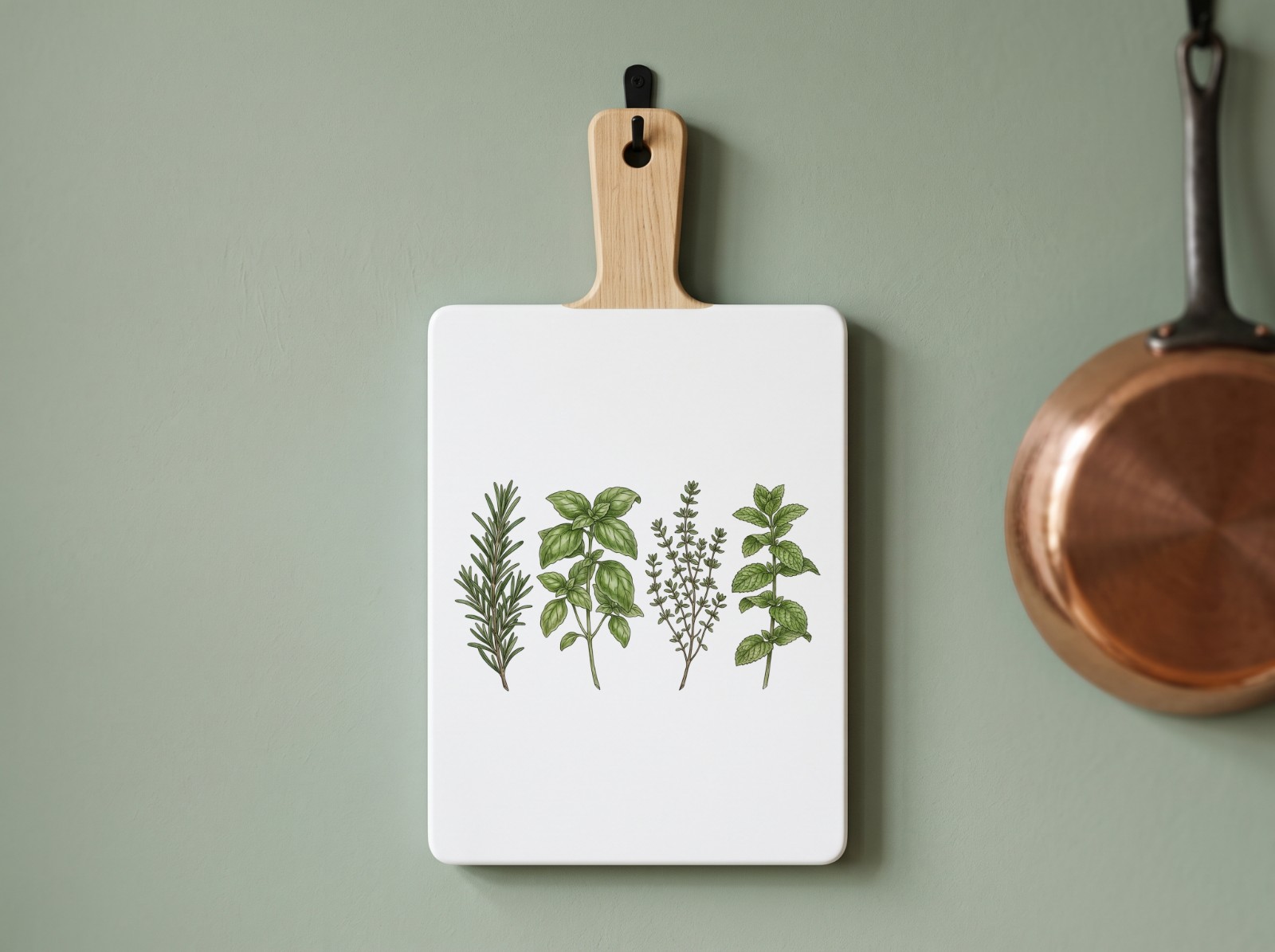White Cutting Board with Handle Mockup on a Sage Green Wall example